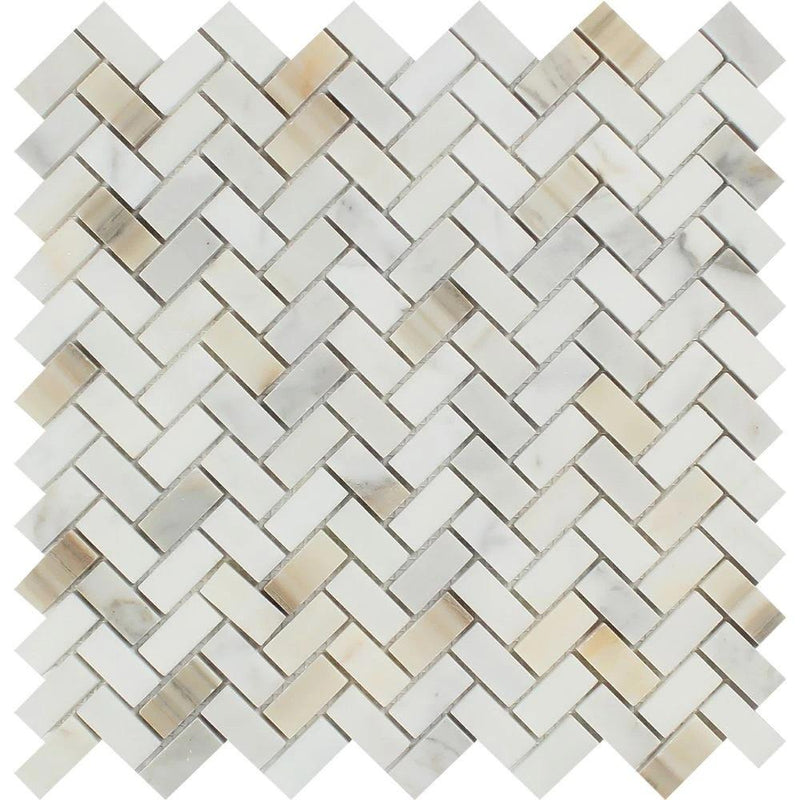 5/8x1 1/4 Polished Calacatta Gold Marble Mini Herringbone Mosaic Tile