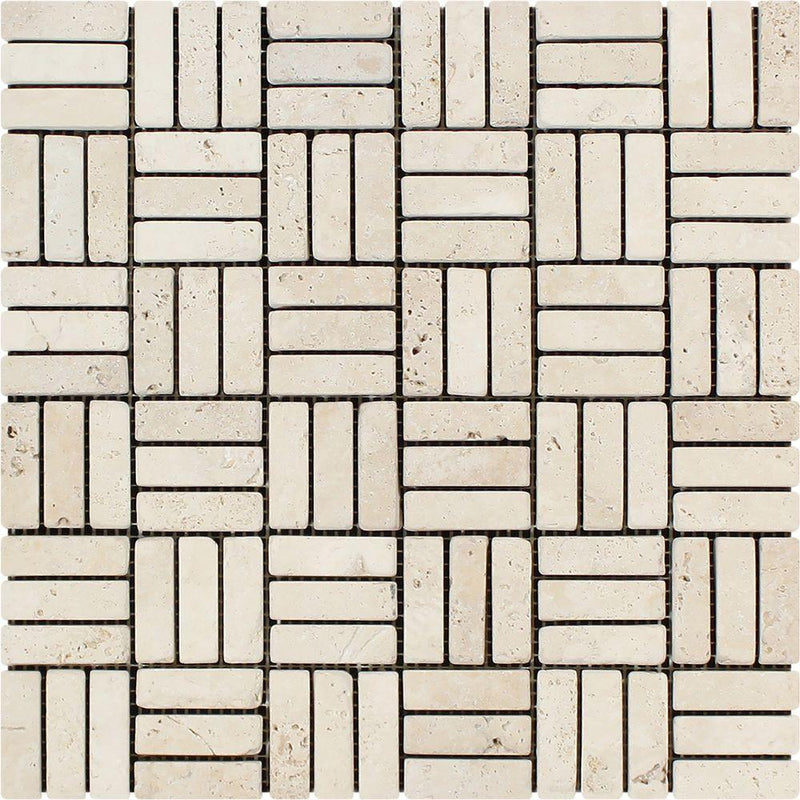 5/8x2 Tumbled Ivory Travertine Triple-Strip Mosaic Tile