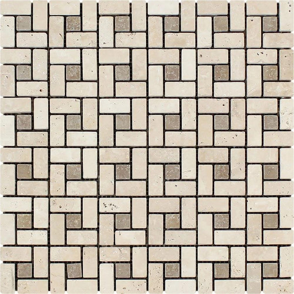 5/8x1 1/4 Tumbled Ivory Travertine Mini Pinwheel Mosaic Tile w/ Noce Dots
