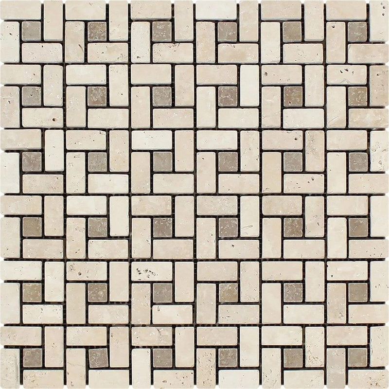 5/8x1 1/4 Tumbled Ivory Travertine Mini Pinwheel Mosaic Tile w/ Noce Dots