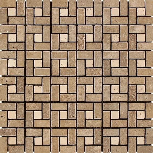 5/8x1 1/4 Tumbled Noce Travertine Mini Pinwheel Mosaic Tile w/ Ivory Dots