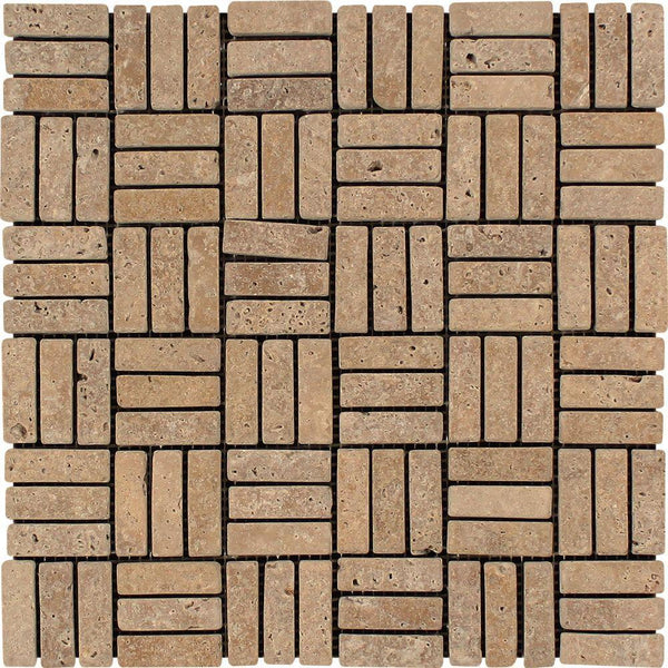 5/8x2 Tumbled Noce Travertine Triple-Strip Mosaic Tile