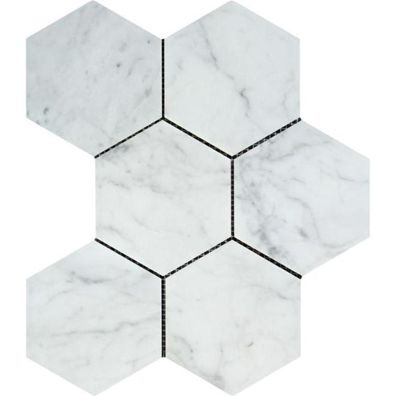 5x5 Honed Bianco Carrara Marble Hexagon Mosaic Tile