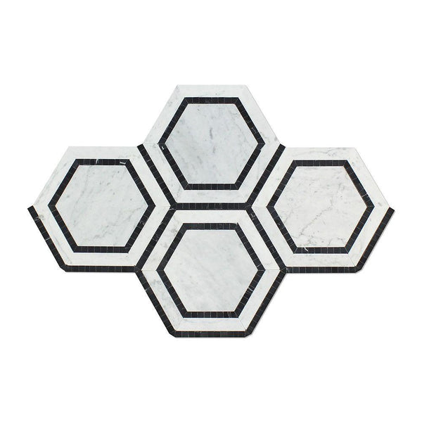 5x5 Honed Bianco Carrara Marble Hexagon Mosaic Tile (w/ Black)