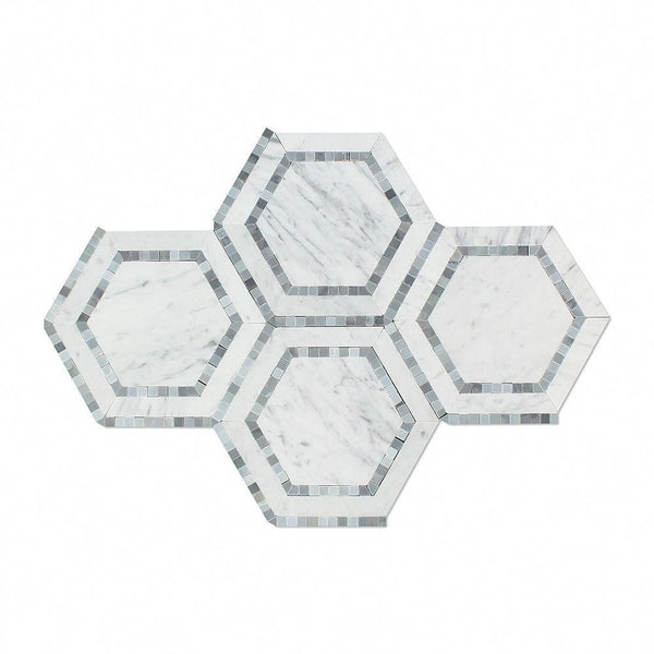 5x5 Honed Bianco Carrara Marble Hexagon Mosaic Tile (w/ Blue-Gray)