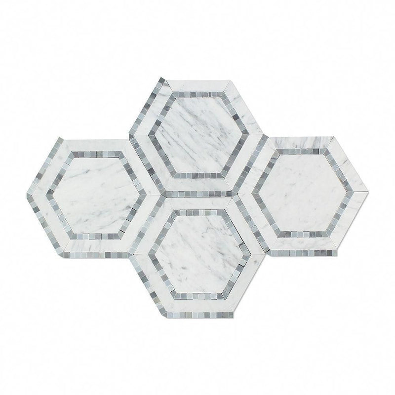 5x5 Honed Bianco Carrara Marble Hexagon Mosaic Tile (w/ Blue-Gray)