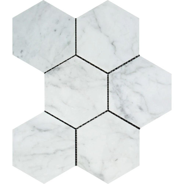 5x5 Polished Bianco Carrara Marble Hexagon Mosaic Tile