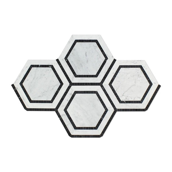 5x5 Polished Bianco Carrara Marble Hexagon Mosaic Tile (w/ Black)