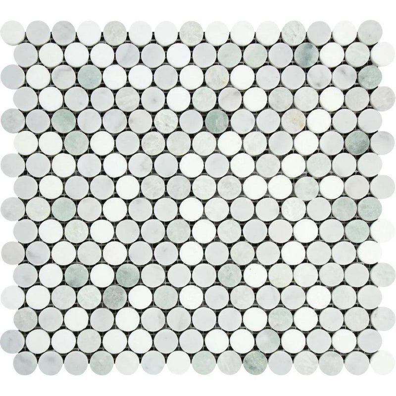 Bianco Carrara Polished Marble Penny Round Mosaic Tile (Carrara + Thassos + Ming Green)