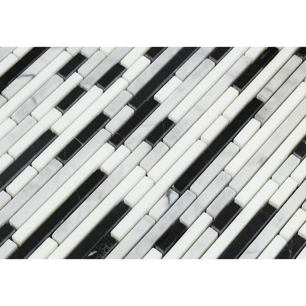 Bianco Carrara Honed Marble Bamboo Sticks Mosaic Tile (Carrara + Black)