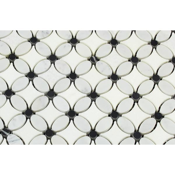 Bianco Carrara Honed Marble Florida Flower Mosaic Tile (Thassos + Carrara (Oval) + Black (Dots))