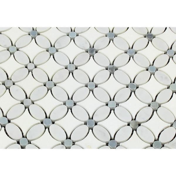 Bianco Carrara Polished Marble Florida Flower Mosaic Tile (Thassos + Carrara (Oval) + Blue-Gray (Dots))