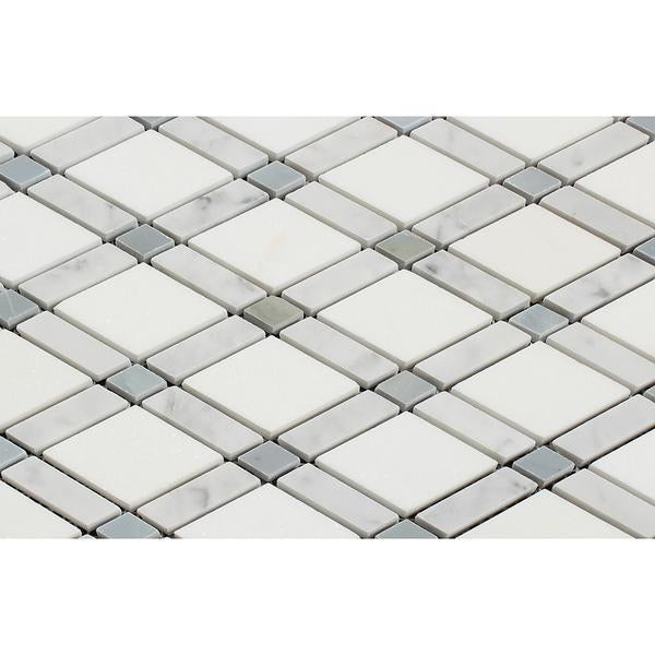 Bianco Carrara Polished Marble Lattice Mosaic Tile (Thassos + Carrara + Blue-Gray)