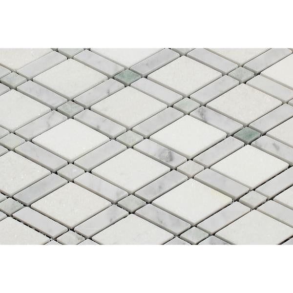 Bianco Carrara Polished Marble Lattice Mosaic Tile (Thassos + Carrara + Ming Green)