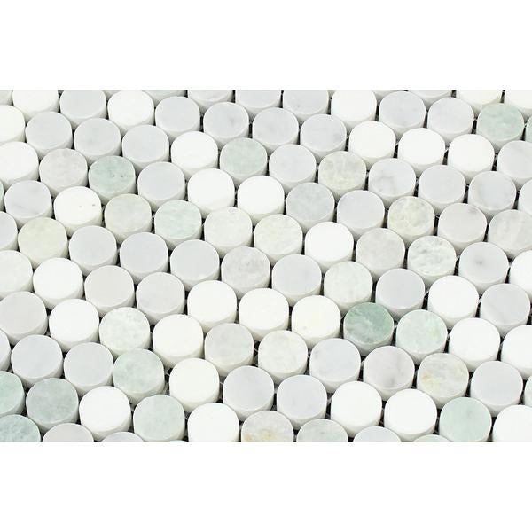 Bianco Carrara Polished Marble Penny Round Mosaic Tile (Carrara + Thassos + Ming Green)