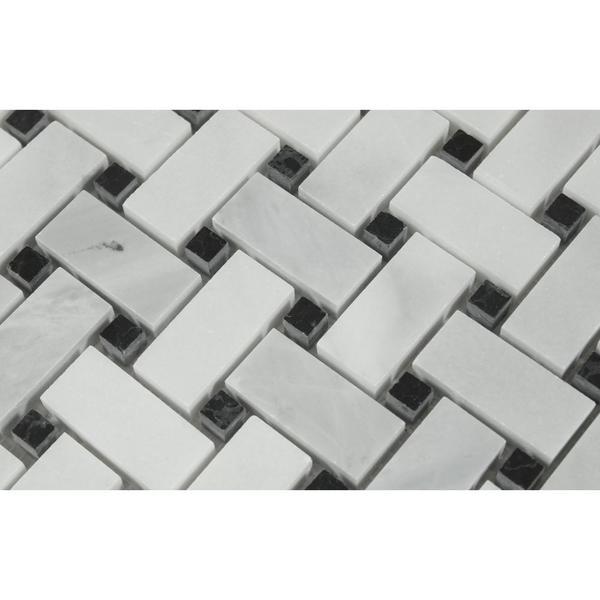 Bianco Mare Honed Marble Basketweave Mosaic Tile w/ Black Dots