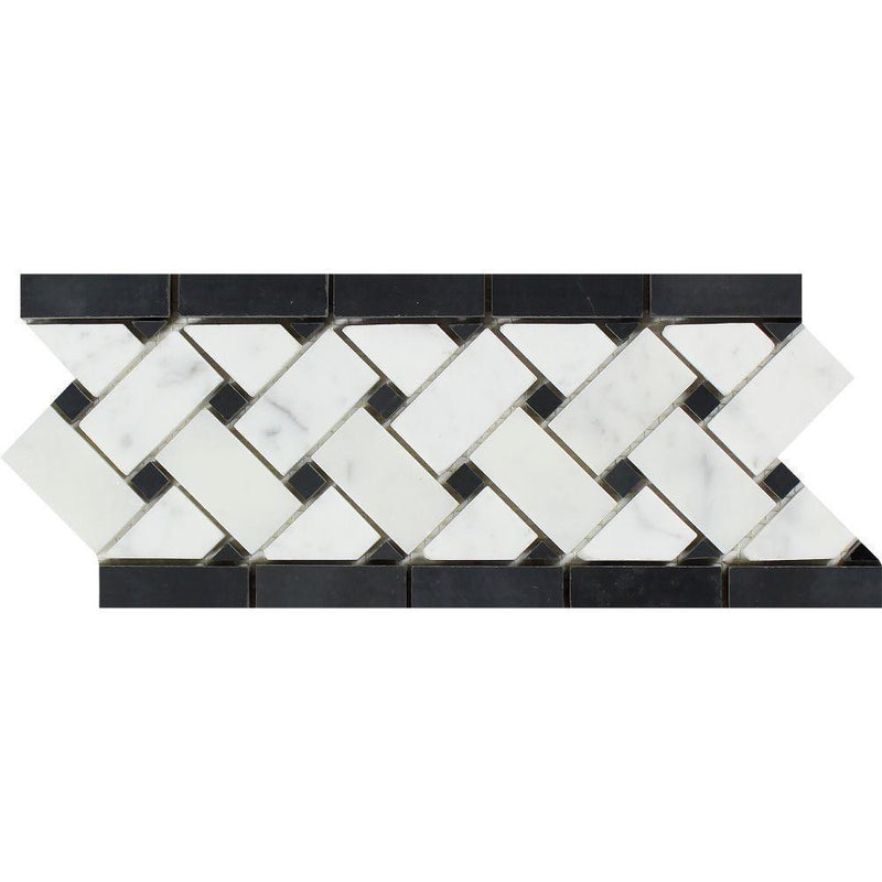 4 3/4x12 Polished Bianco Carrara Marble Basketweave Border w/ Black Dots