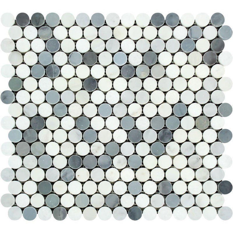 Oriental White Honed Marble Penny Round Mosaic Tile (Oriental White + Thassos + Blue)