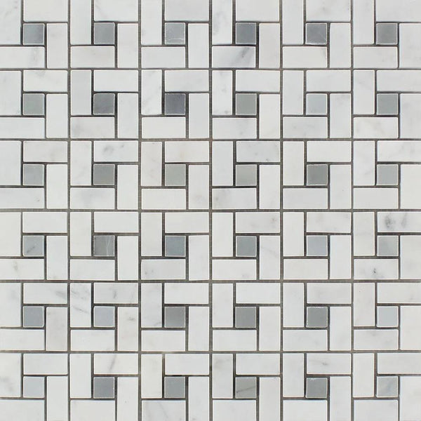 Bianco Carrara Honed Marble Mini Pinwheel Mosaic Tile (w/ Blue-Gray Dots)