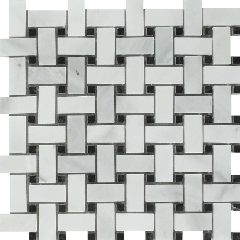 Bianco Mare Honed Marble Basketweave Mosaic Tile w/ Black Dots