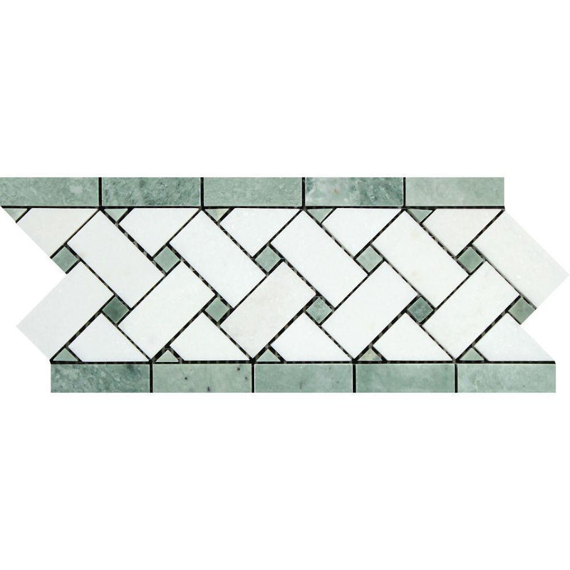 4 3/4x12 Honed Thassos White Marble Basketweave Border w/ Ming Green Dots