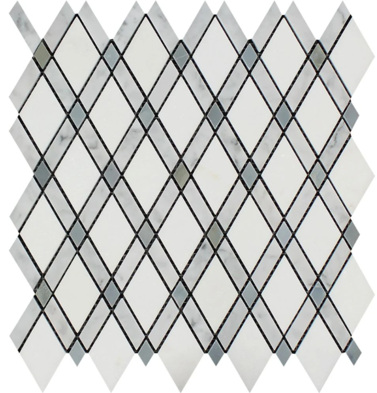 Bianco Carrara Honed Marble Lattice Mosaic Tile (Thassos + Carrara + Blue-Gray)