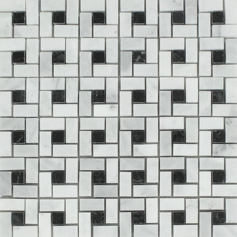 Bianco Mare Honed Marble Mini Pinwheel Mosaic Tile w/ Black Dots