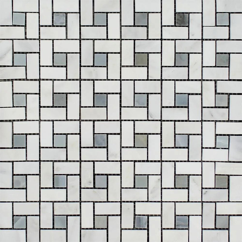 Oriental White Honed Marble Mini Pinwheel Mosaic Tile w/ Blue-Gray Dots