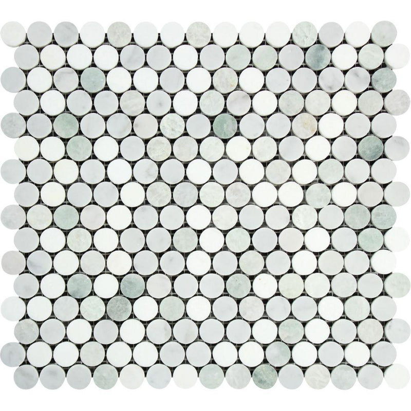 Oriental White Honed Marble Penny Round Mosaic Tile (Oriental White + Thassos + Ming Green)