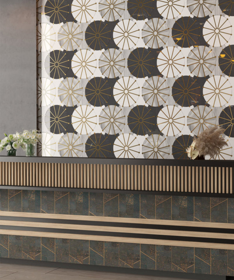 ROCKEFELLER Black Sunburst Black Jade, Brass Mosaic Tile