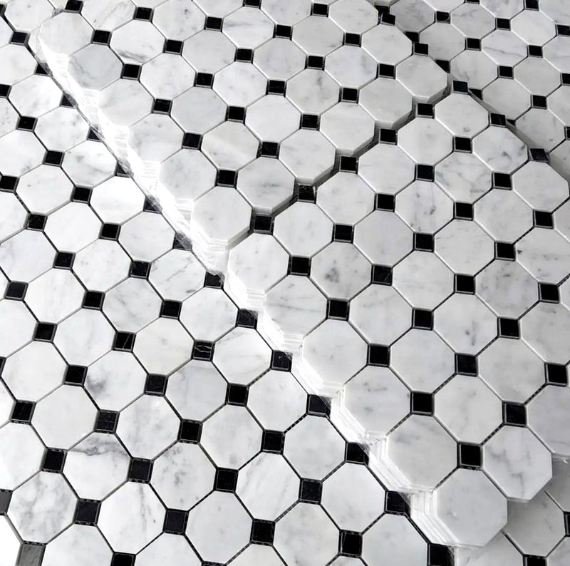 Bianco Carrara Honed Marble Octagon Mosaic Tile (w/ Black Dots)