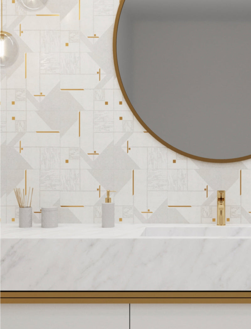 ROCKEFELLER White Nouveau Eastern White, Brass Mosaic Tile