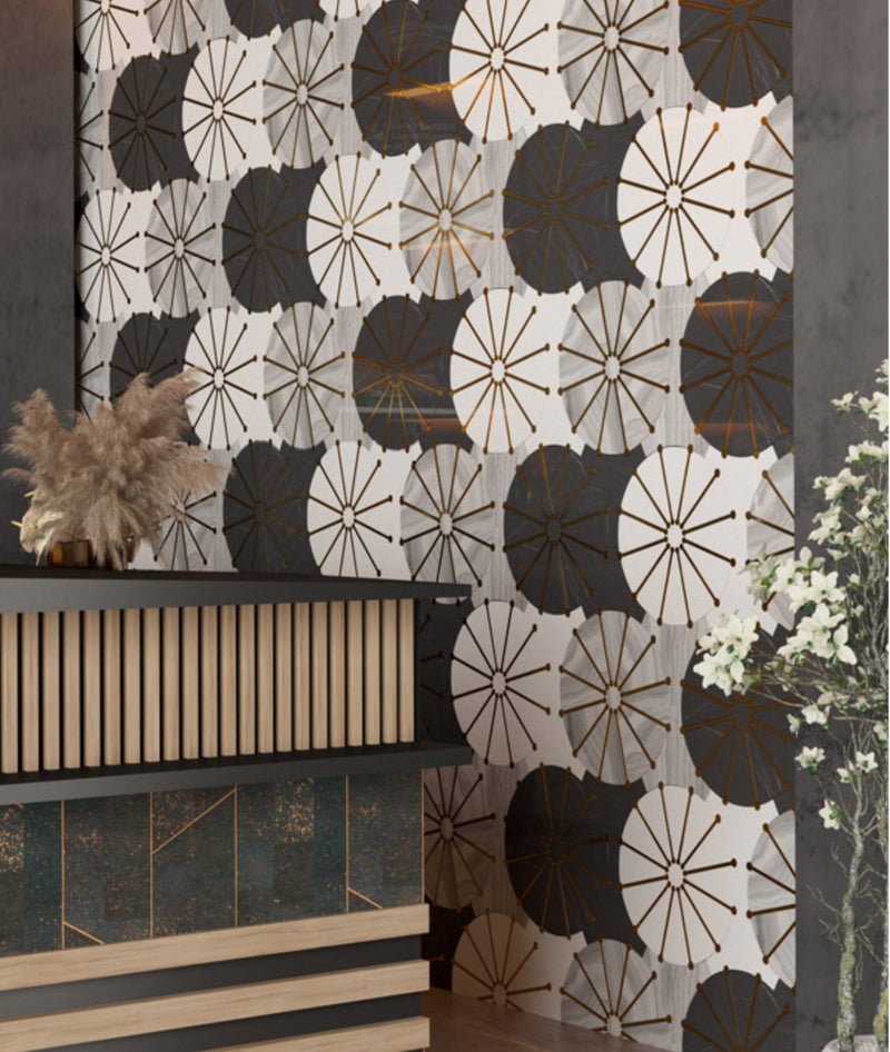 ROCKEFELLER Black Sunburst Black Jade, Brass Mosaic Tile