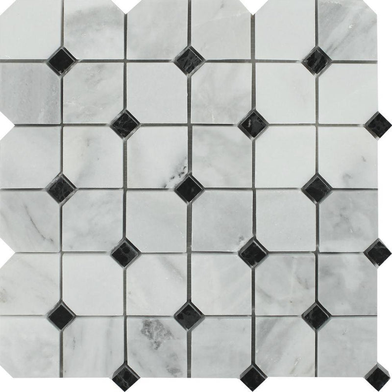 Bianco Mare Polished Marble Octagon Mosaic Tile w/ Black Dots
