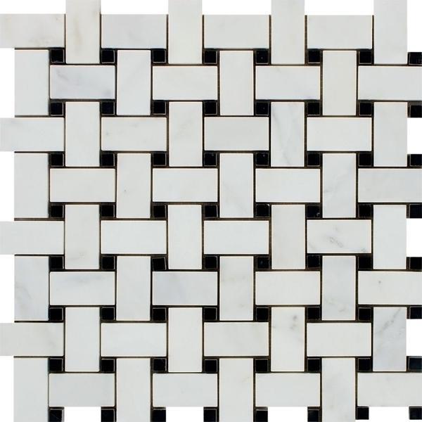 Oriental White Honed Marble Basketweave Mosaic Tile w/ Black Dots