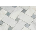 Oriental White Honed Marble Large Basketweave Mosaic Tile w/ Blue-Gray Dots
