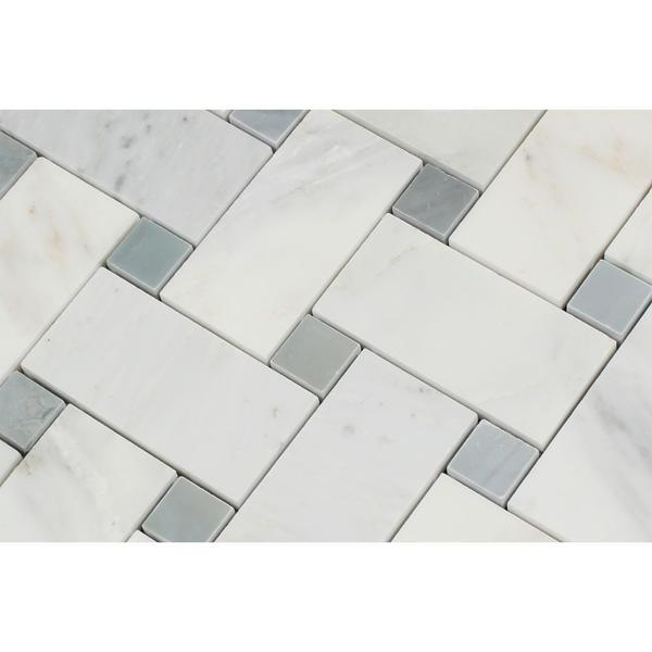 Oriental White Honed Marble Large Basketweave Mosaic Tile w/ Blue-Gray Dots