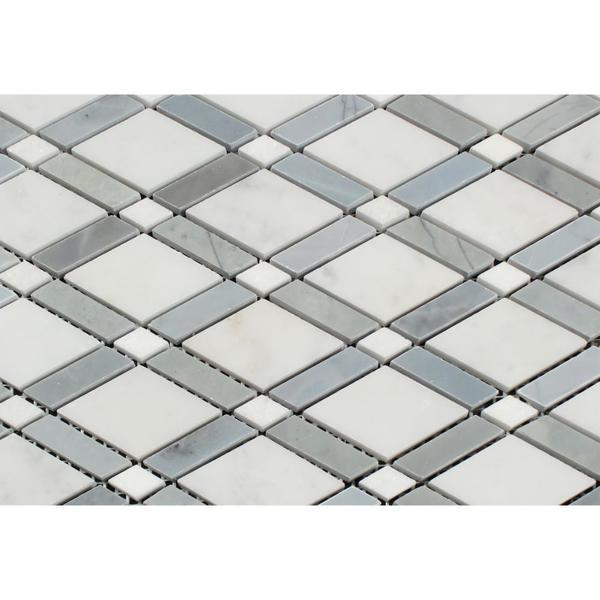 Oriental White Honed Marble Lattice Mosaic Tile (Thassos + Oriental White White + Blue-Gray)