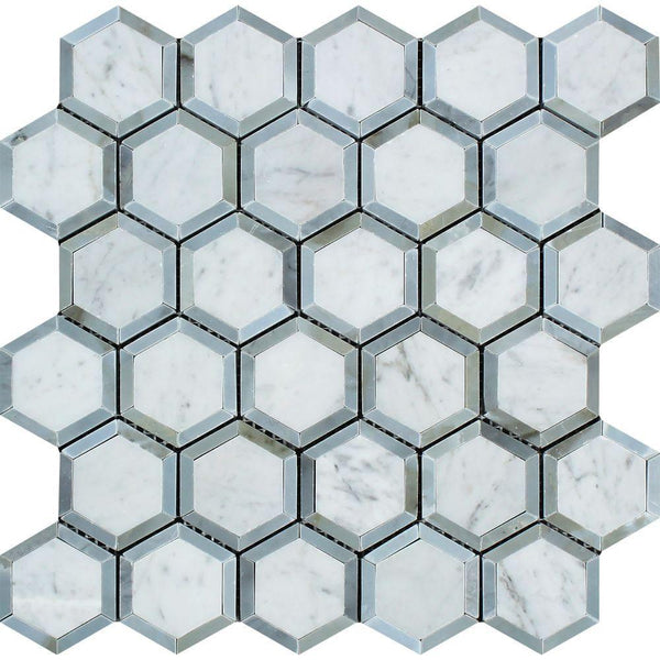 2x2 Polished Bianco Carrara Marble Vortex Hexagon Mosaic Tile (w/ Blue-Gray)