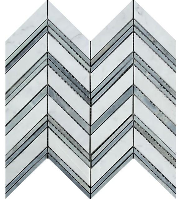 Bianco Carrara Polished Marble Large Chevron Mosaic Tile (Carrara + Blue-Gray (Thin Strips))