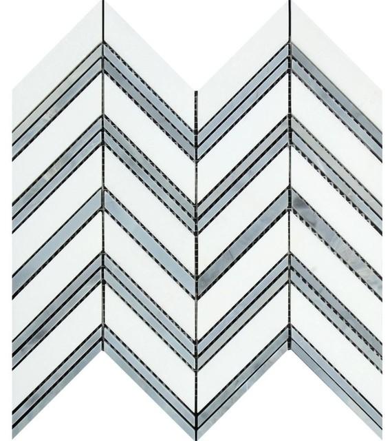 Thassos White Polished Marble Large Chevron Mosaic Tile (Thassos + Blue-Gray (Thin Strips))