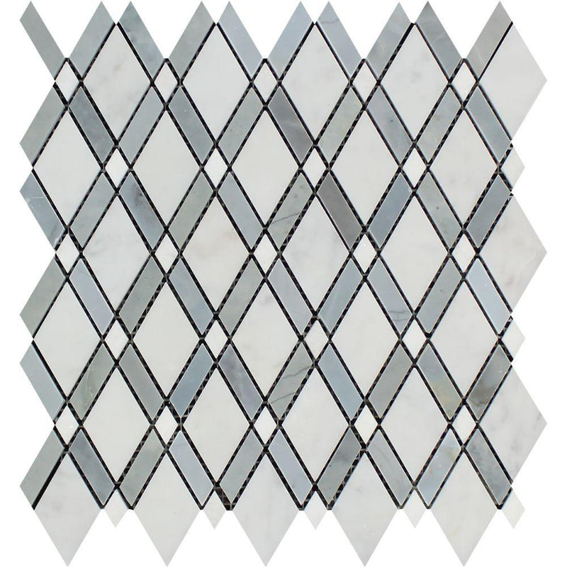 Oriental White Polished Marble Lattice Mosaic Tile (Thassos + Oriental White White + Blue-Gray)