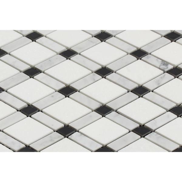 Thassos White Honed Marble Lattice Mosaic Tile (Thassos + Carrara + Black)