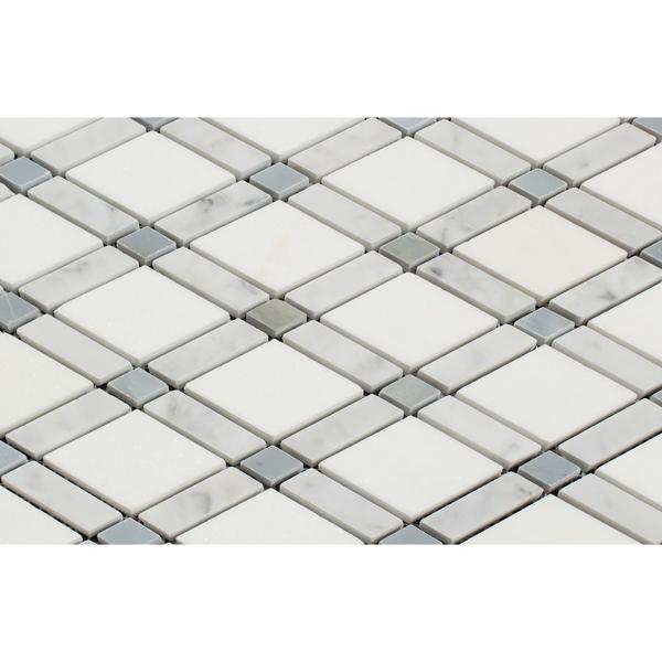 Thassos White Honed Marble Lattice Mosaic Tile (Thassos + Carrara + Blue-Gray)