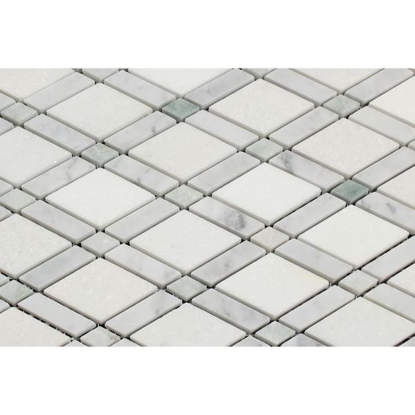 Thassos White Honed Marble Lattice Mosaic Tile (Thassos + Carrara + Ming Green)
