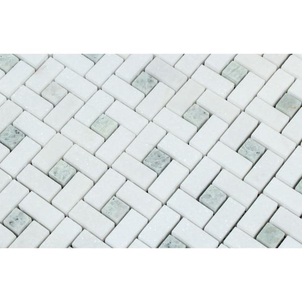 Thassos White Honed Marble Mini Pinwheel Mosaic Tile w/ Ming Green Dots