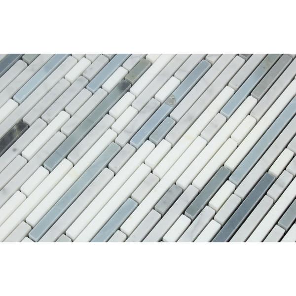 Thassos White Polished Marble Bamboo Sticks  Mosaic Tile (Thassos + Carrara + Blue-Gray)