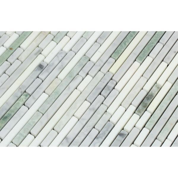 Thassos White Polished Marble Bamboo Sticks  Mosaic Tile (Thassos + Carrara + Ming Green)