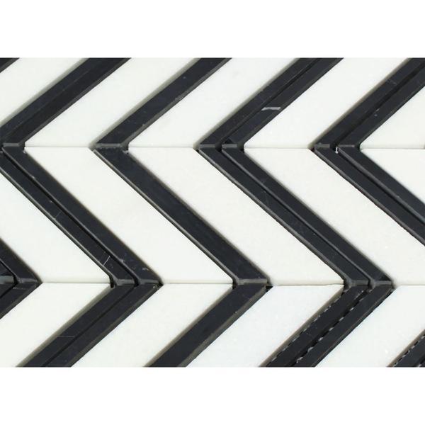 Thassos White Polished Marble Large Chevron Mosaic Tile (Thassos + Black (Thin Strips))