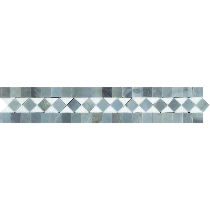 2x12 Honed Thassos White Marble BIAS Border w/ Blue-Gray Dots